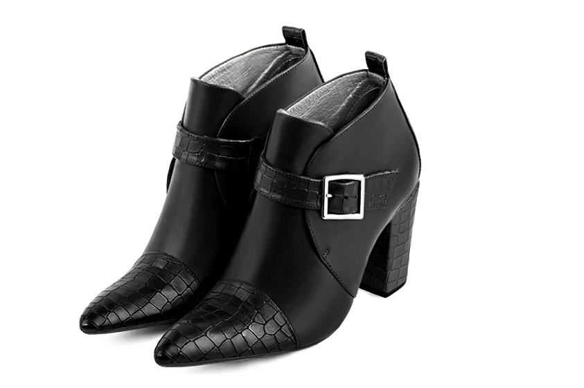 Satin black women's ankle boots with buckles at the front. Tapered toe. High block heels. Front view - Florence KOOIJMAN